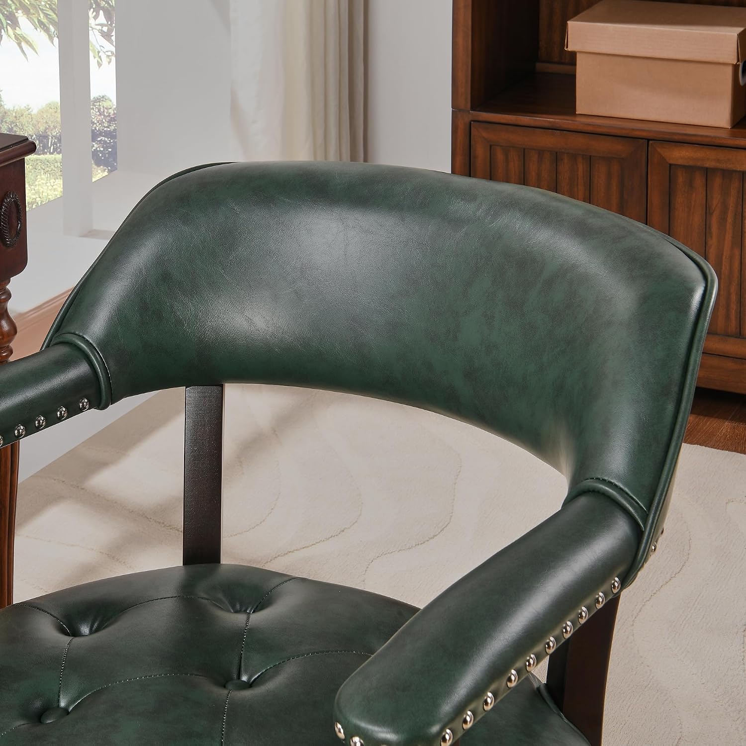 LEEMTORIG Large Dining Chairs with Casters and Arms, Rolling Dining Chairs with Wheels, Game Poker Table Chairs, Boss Caption's Chairs, 26"D x 25.2"W x 31.5"H, Espresso Legs & Green PU, XXY-1910-GN