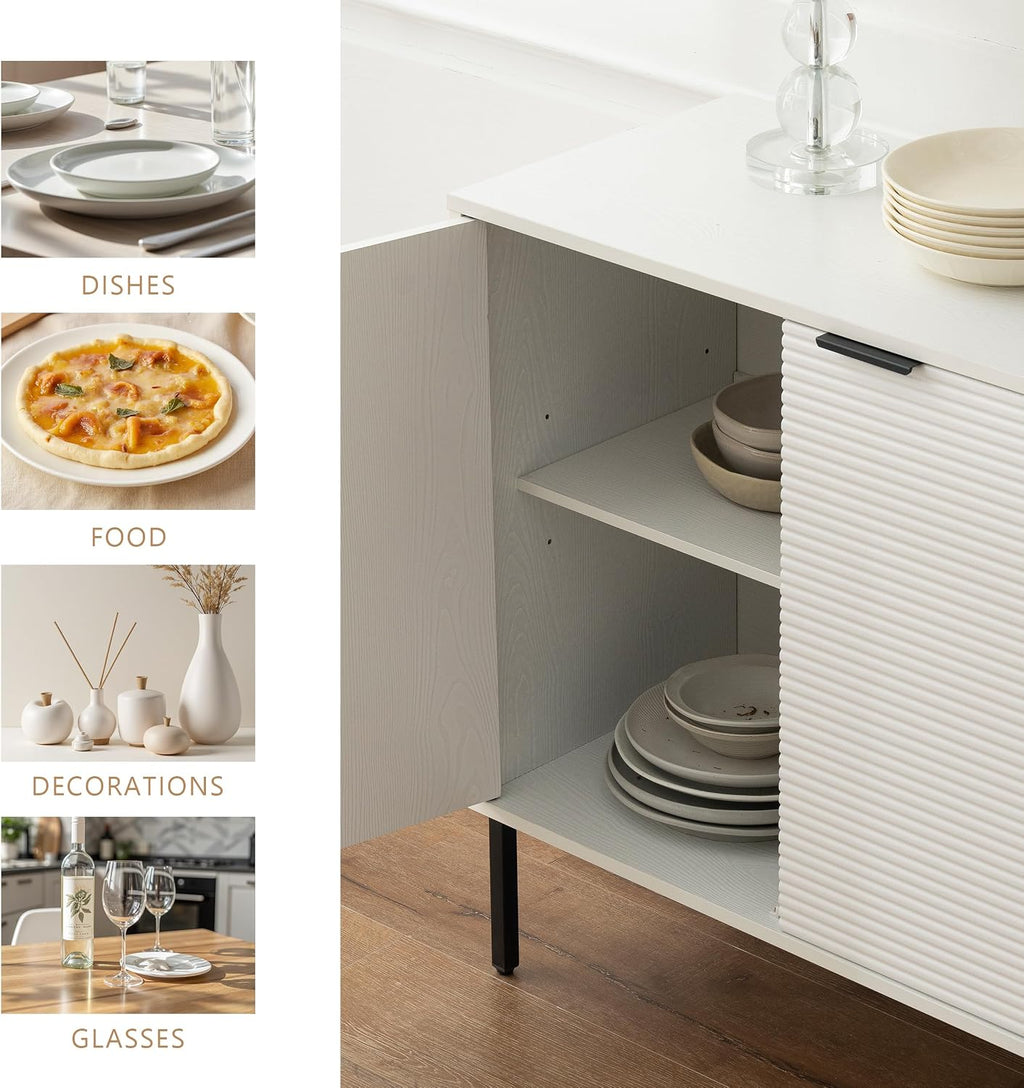 Buffet Sideboard Cabinet,VDNEND Freestanding Storage Cabinet,Long Accent Cabinets with 3 Doors and Shelve,Farmhouse Credenza Large Kitchen Storage Cabinets Cupboard for Living Room (1, Embossed White)