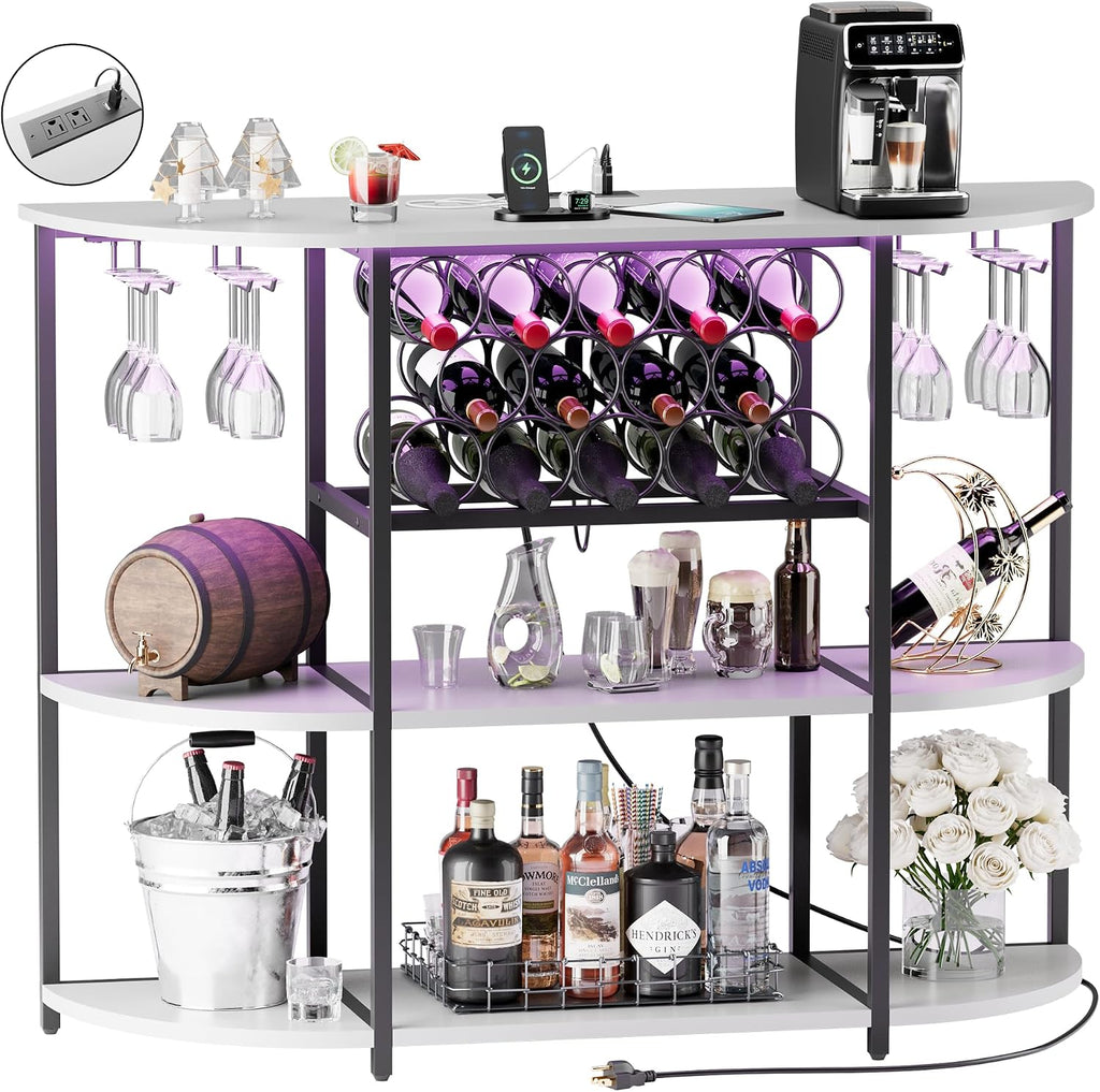VICTONE Wine Bar Cabinet with LED Lights and Power Outlets, Freestanding Coffee Liquor Bar Cabinet with Glass Holder, Wine Rack Table for Home Kitchen Dining Room (White)