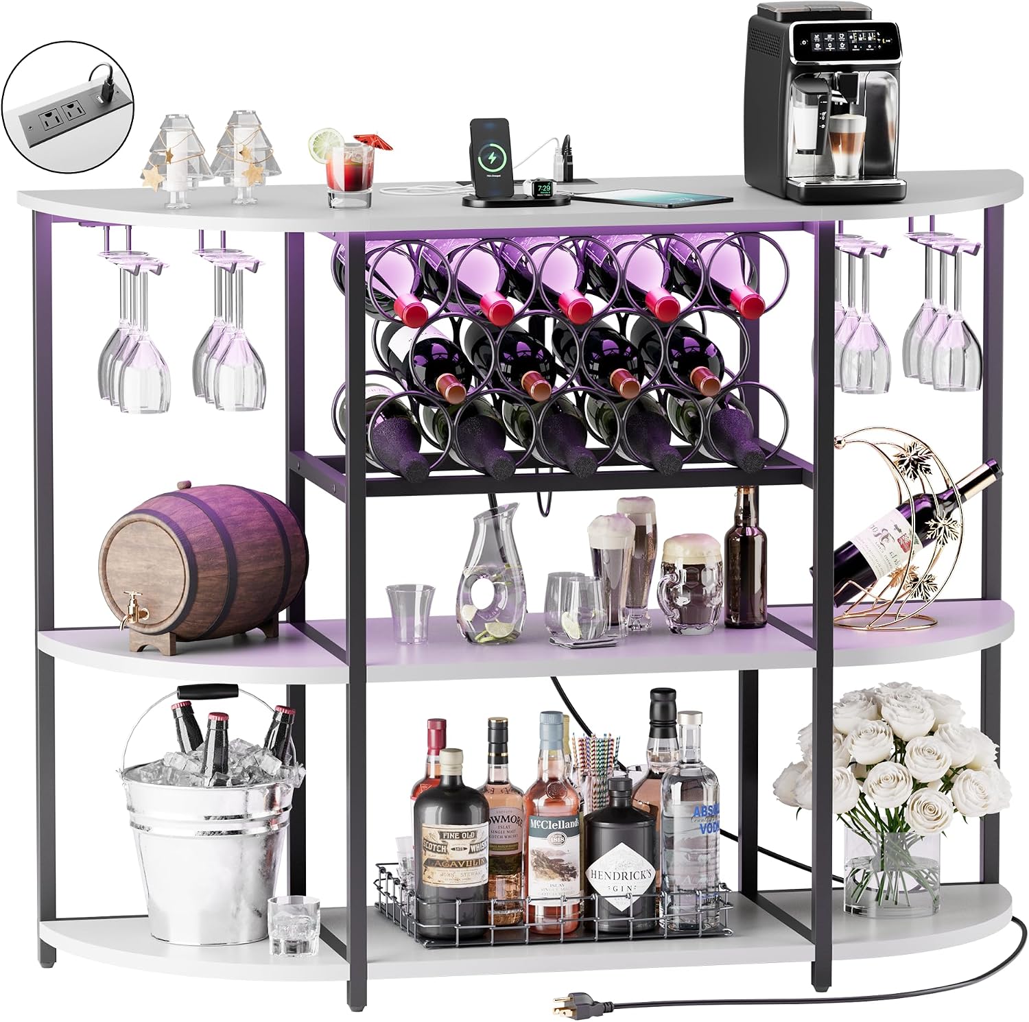 VICTONE Wine Bar Cabinet with LED Lights and Power Outlets, Freestanding Coffee Liquor Bar Cabinet with Glass Holder, Wine Rack Table for Home Kitchen Dining Room (White)
