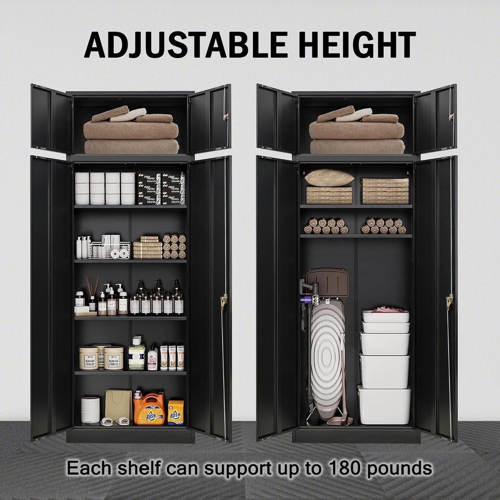 CJF Metal Storage Cabinet, 87 inch Tall Large Locking Cabinet with Top Cabinet, Garage Storage Cabinet with 4 Adjustable Shelves for Home Office, Garage and Utility Room-Black