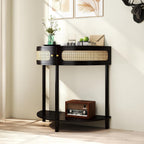 Half Moon Table – 32-Inch Unique Side Table, Half Moon Console Table & Half Round Entryway Table with Drawer, Polished Black Boho Design, Solid Wood+MDF for Living Room, Hallway