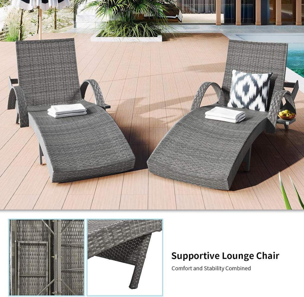 80.3" Outdoor Wicker Chaise Lounge Set of 2, with Pull-Out Side Table, Adjustable Pool Lounge Chairs, Patio Loungers for Balcony, Deck, or Backyard (Grey)