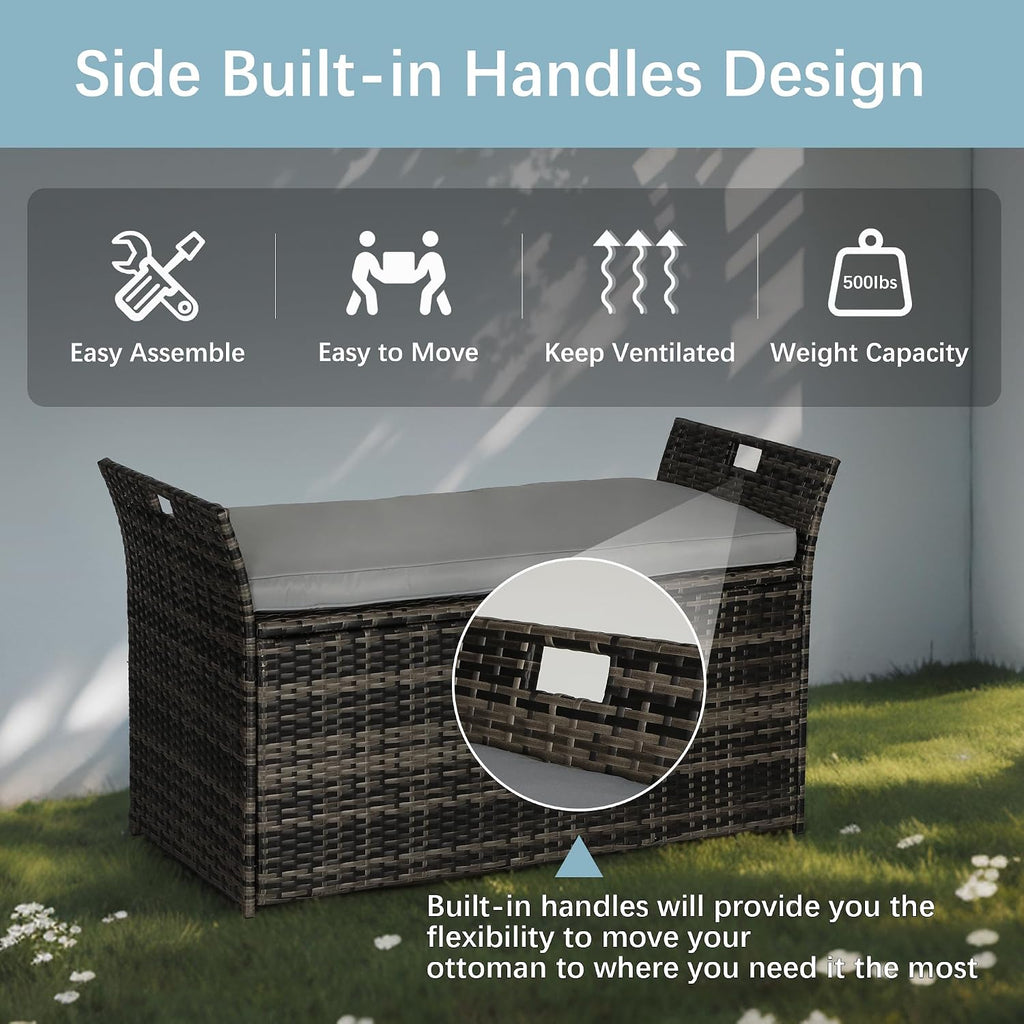 Oakcloud 75 Gallon Patio Storage Bench, Outdoor Wicher Garden Furniture Storage Deck Box Bench with Handles and Cushion, Grey
