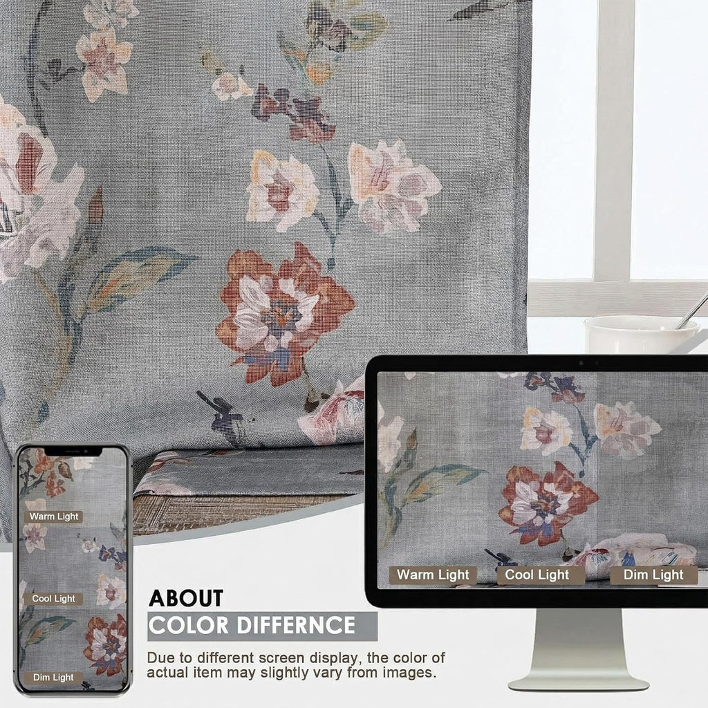 OWENIE Floral Kitchen Cafe Curtains - 36 Inch Length 2 Panels Set, Printed Light Filtering Textured Farmhouse Short Small Half Curtain Tier Drapes for Bathroom Basement, 2 Pcs Each 30W x 36L,Grey