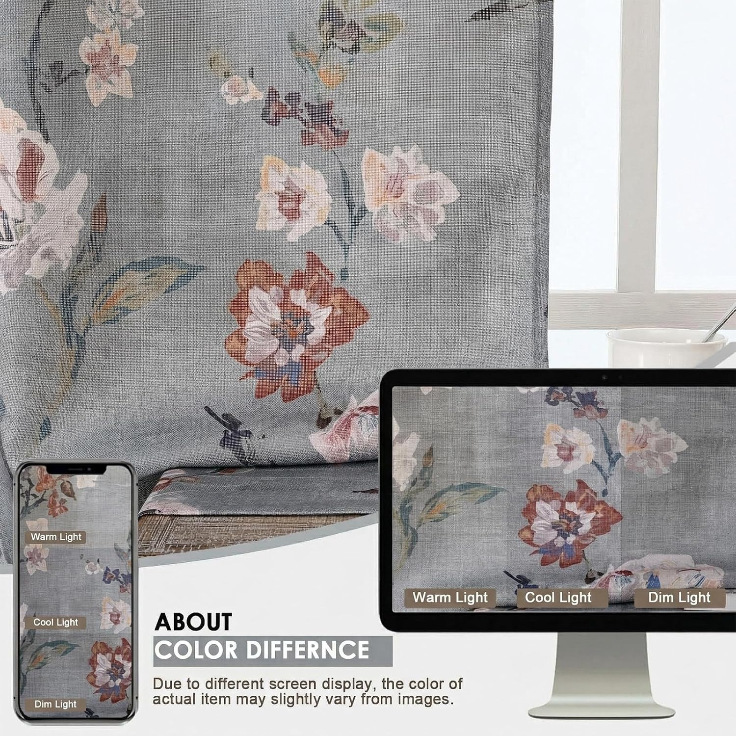 OWENIE Floral Kitchen Cafe Curtains - 36 Inch Length 2 Panels Set, Printed Light Filtering Textured Farmhouse Short Small Half Curtain Tier Drapes for Bathroom Basement, 2 Pcs Each 30W x 36L,Grey