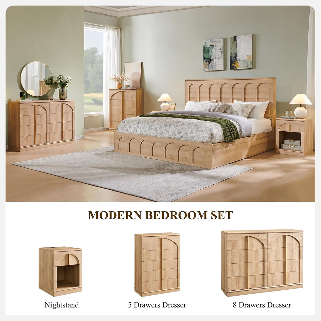 ACCOHOHO 18" Nightstand Set of 2 with Arched Panel,Natural Oak | Bedside Table & Side End Table with Charging Station, Drawer Storage, and Open Shelf for Bedroom & Living Room