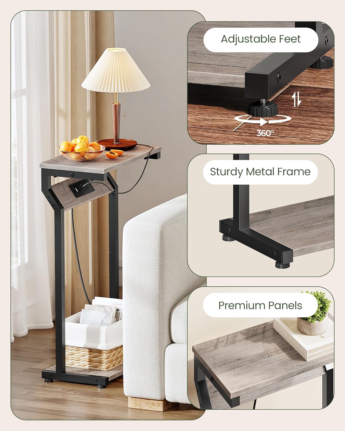 CHOEZON Narrow Side Table with Charging Station and End Table Bundle, Skinny End Table for Small Spaces, Mini Fridge Stand with Storage for Living Room, Bedroom TBZ27UBG-TBZ55BF