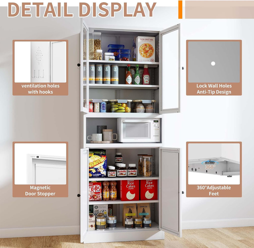 72" Kitchen Pantry Cabinets with Doors & Drawers, Freestanding Metal Pantry Cabinet with Microwave Shelf, Buffet Hutch with Storage for Kitchen Dining Room Pantry, Heavy Duty (White)
