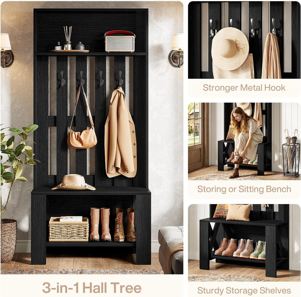 Tribesigns Hall Tree with Bench and Shoe Storage, Modern Entryway Bench with Coat Racks, 70.8" Tall Wooden Hall Tree Organizer with 4 Hooks for Mudroom, Hallway, Bedroom, Space-Saving, Black
