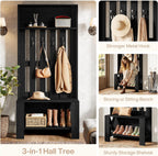 Tribesigns Hall Tree with Bench and Shoe Storage, Modern Entryway Bench with Coat Racks, 70.8" Tall Wooden Hall Tree Organizer with 4 Hooks for Mudroom, Hallway, Bedroom, Space-Saving, Black