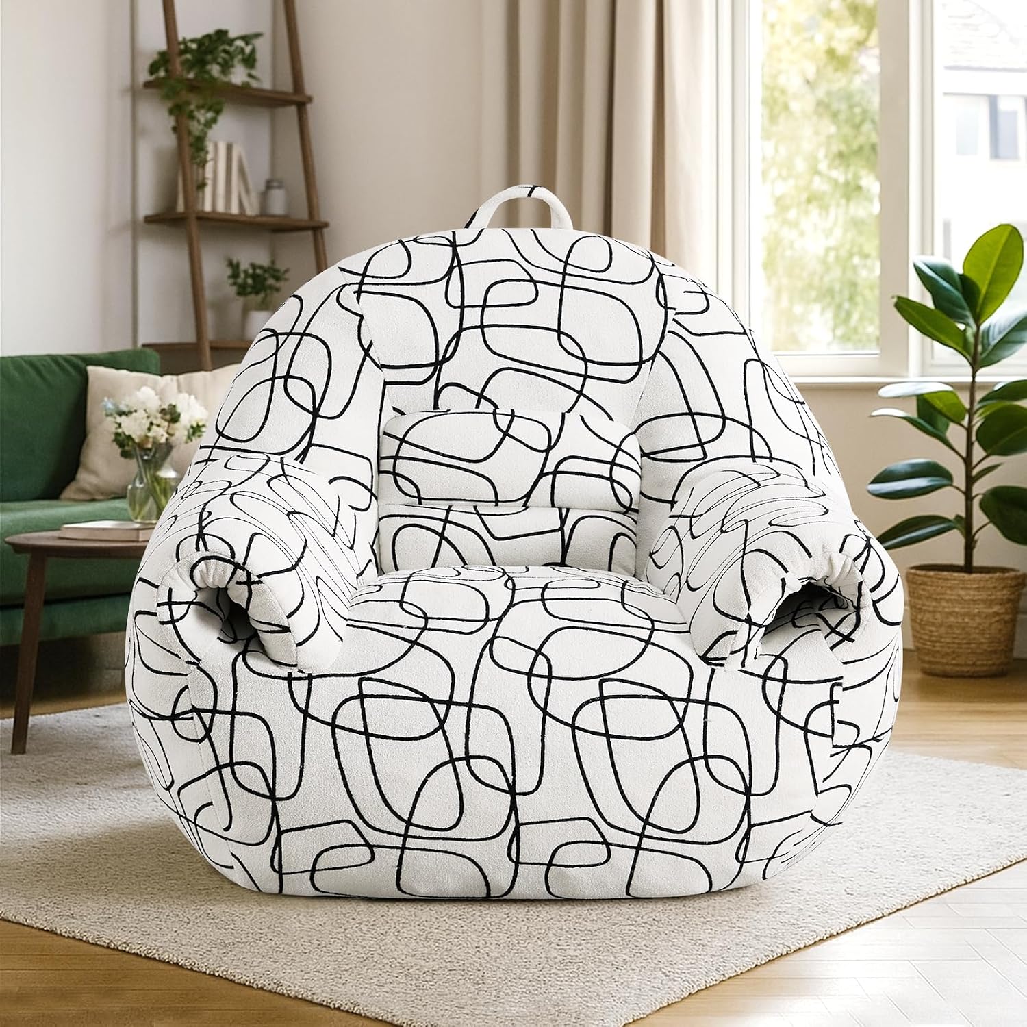 Peace nest Bean Bag Chair with Memory Foam Filled Ultra Soft Jacquard Pattern Cover for Adults Comfy Fur Bean Bag Chairs with Armrests for Bedroom Living Room Office Dorm Reading Lines