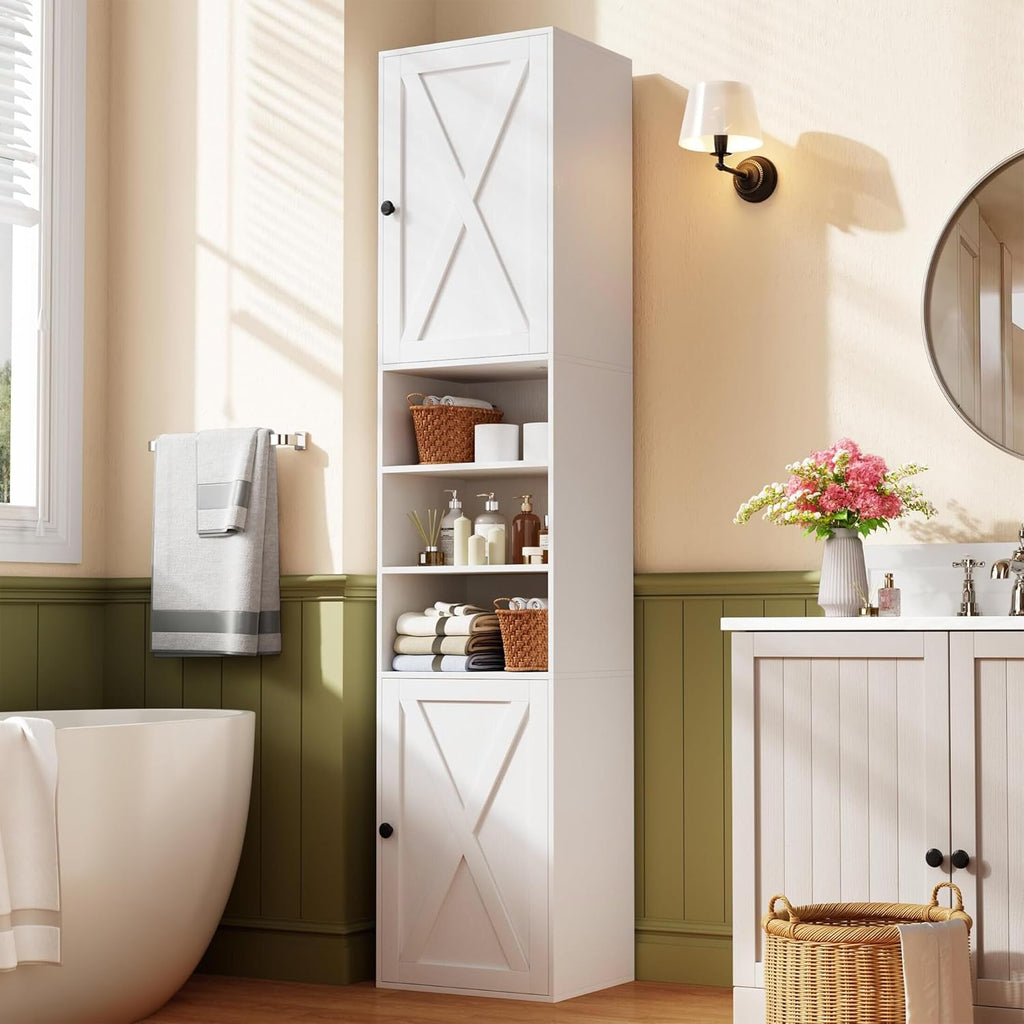 70.8" Tall Bathroom Storage Cabinet Set of 2 with Barn Doors, Narrow Storage Cabinet with Adjustable Shelves & Open Compartments, Slim Floor Cabinet for Bathroom, Kitchen, Entryway, Living Room, White