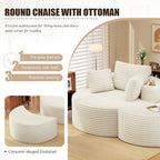 Round Chaise Lounge with Ottoman, Boneless Cloud Corduroy Curved Reading Lounge Sofa Chair with Cup Holders, Circle Memory Foam Chaise Chair and Ottoman Set for Study, Living Room, Sunroom, Beige