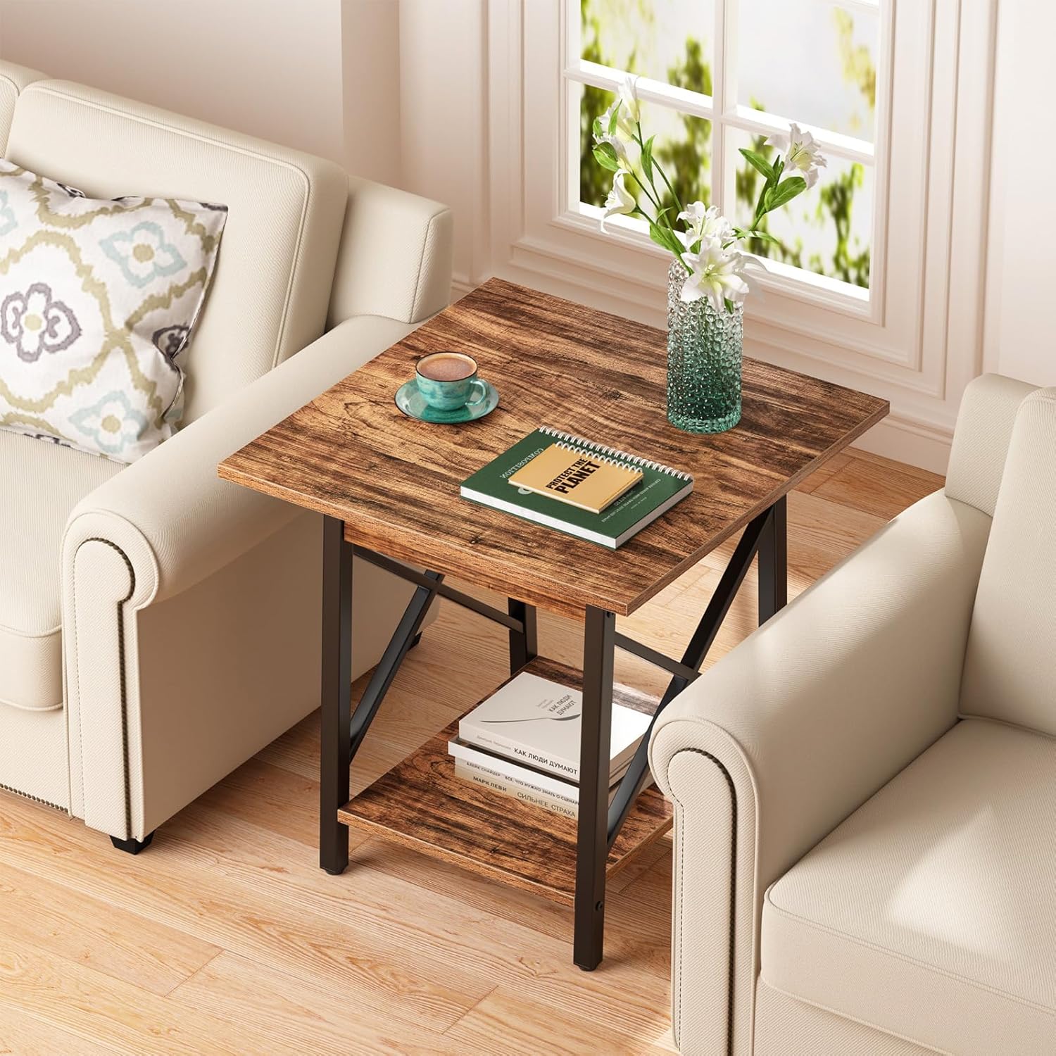 GreenForest Square End Table for Living Room, 20 Inch Large Side Table with X-Frame, Farmhouse Tall Bedside Nightstand with 2-Tier Storage Shelf, Rustic Walnut