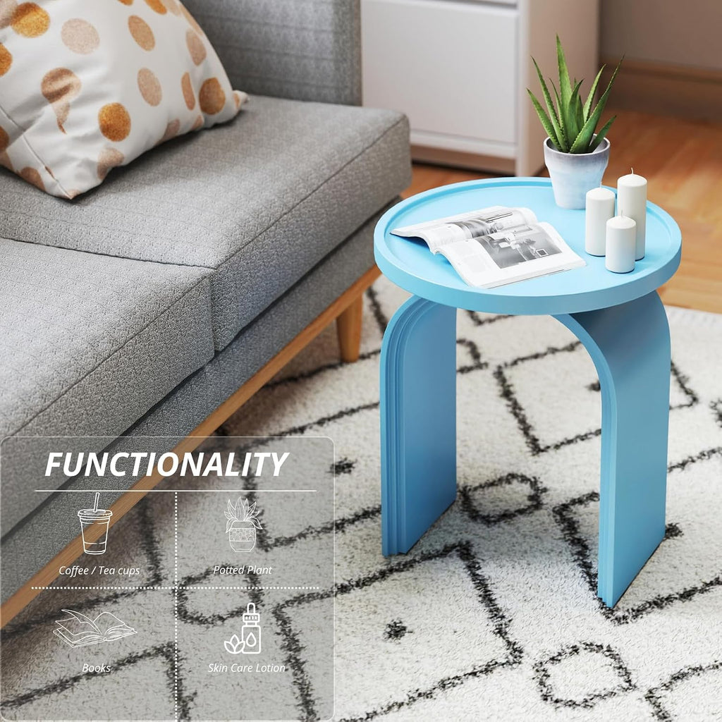ROCITY Round Side Table, Modern Wood End Table with Sturdy Base, Small Blue Drink Table for Living Room, Bedroom and Small Spaces