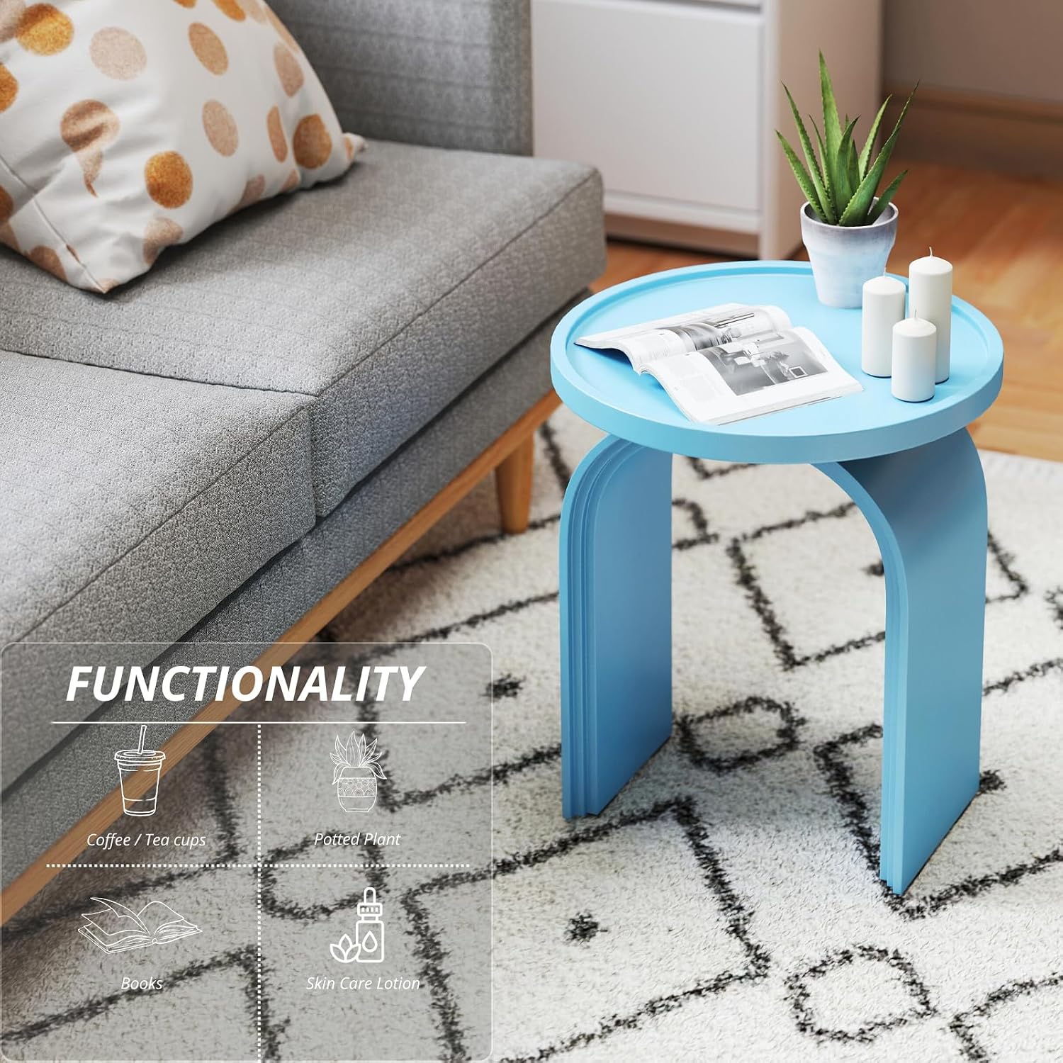 ROCITY Round Side Table, Modern Wood End Table with Sturdy Base, Small Blue Drink Table for Living Room, Bedroom and Small Spaces