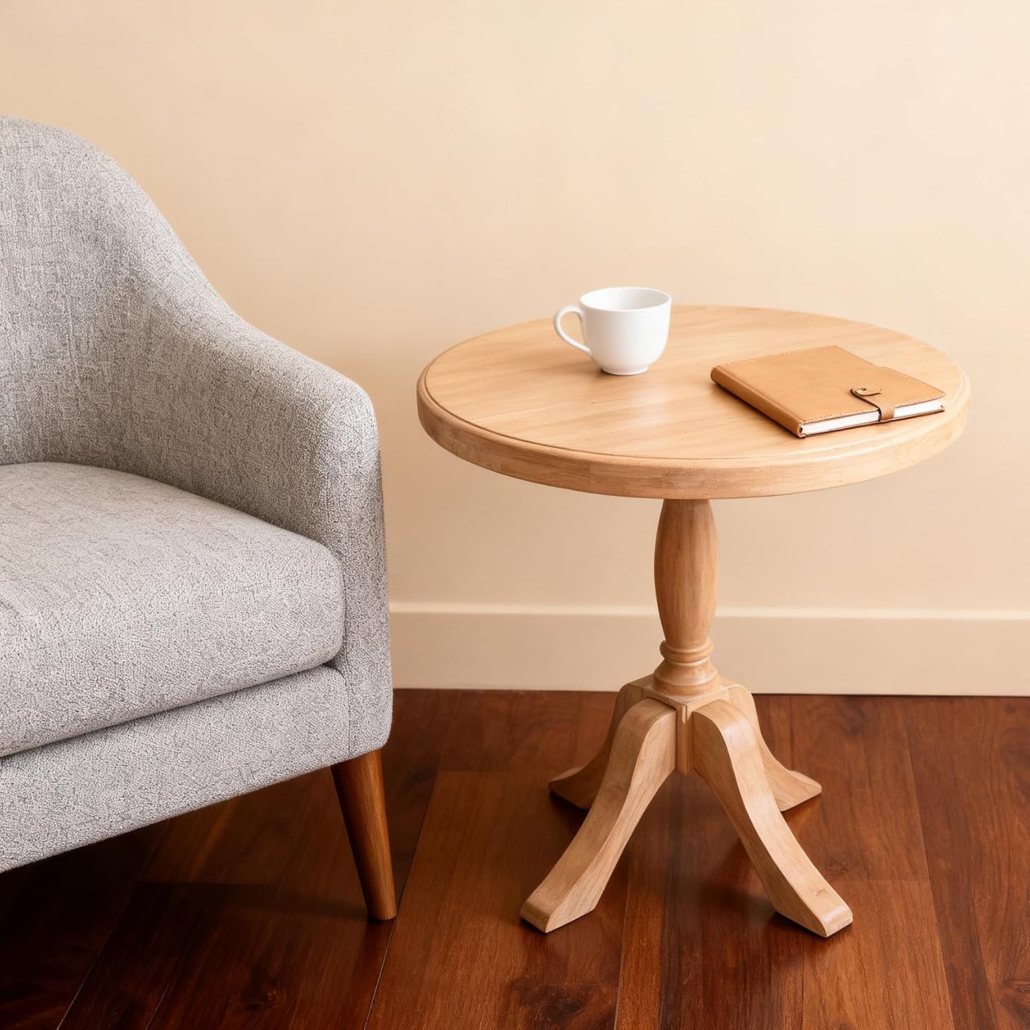 23.6'' Round Wooden End Table, Wooden Pedestal Side Coffee Tables, for Living Room, Bedroom, Entryway, Equipped with Two Stands, Available in Two Heights: 24.4'' and 28.4'', Natual