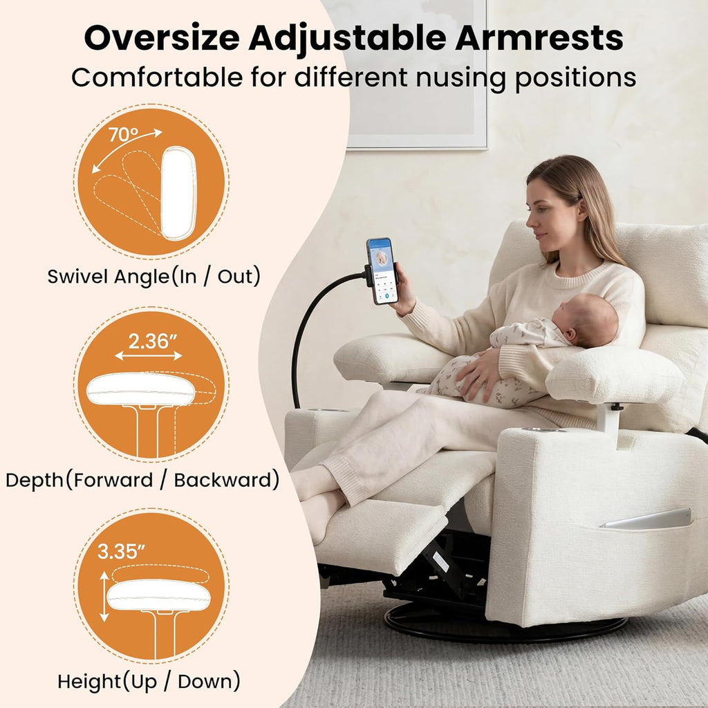 FiveWillowise Power Rocking Chair Nursery with Adjustable Armrests&Headrest, Glider Recliner Chair, Swivel Reading Chair with Electric Lumbar Support, Cup Holder, Nightlight and USB Ports,White