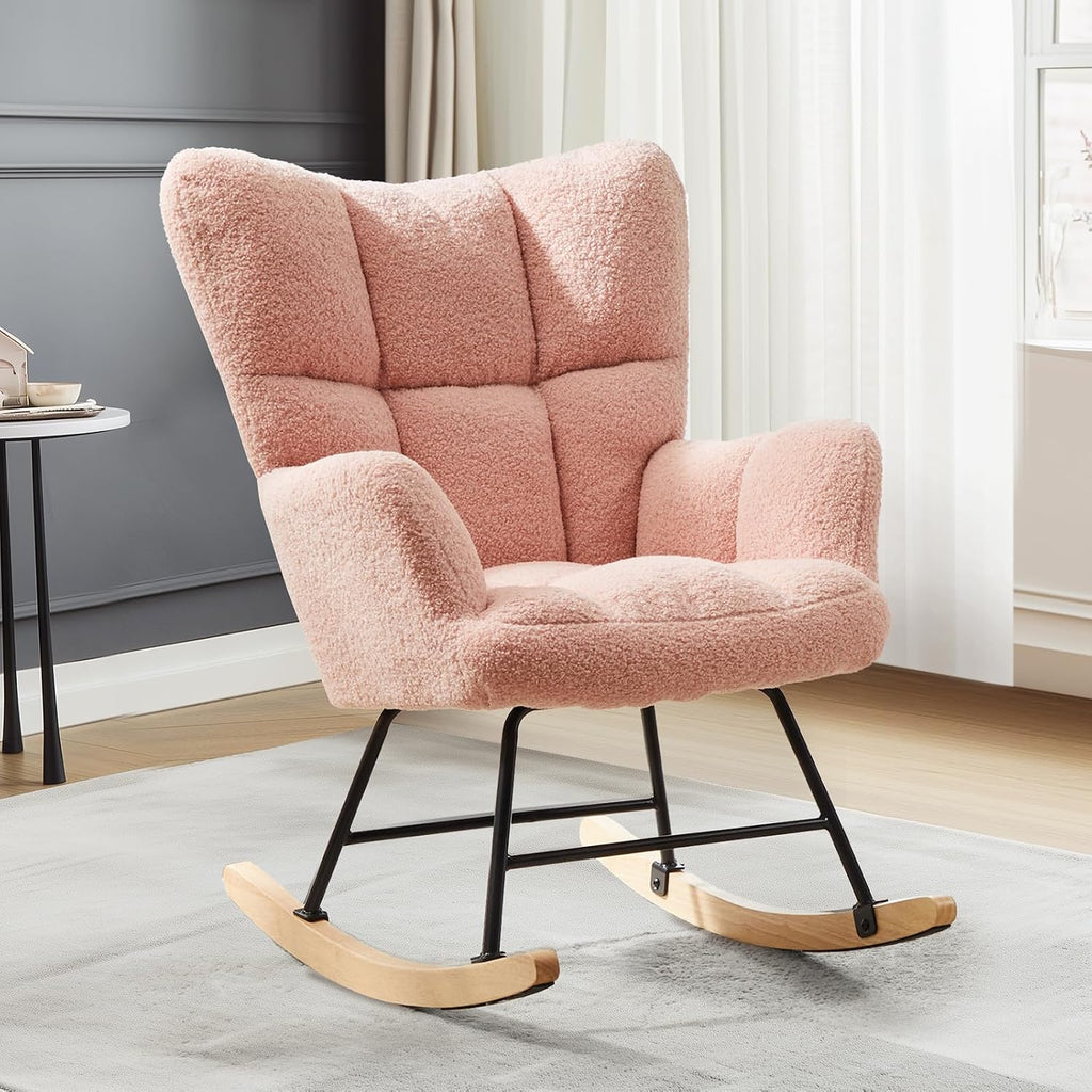 DUMOS Rocking Chair Nursery Teddy Upholstered Gliders Rocker Accent Reading Recliner Thick Padded Seat Ergonomic Modern with High Backrest Armchair Comfy Side for Living Room Bedroom Office Balcony