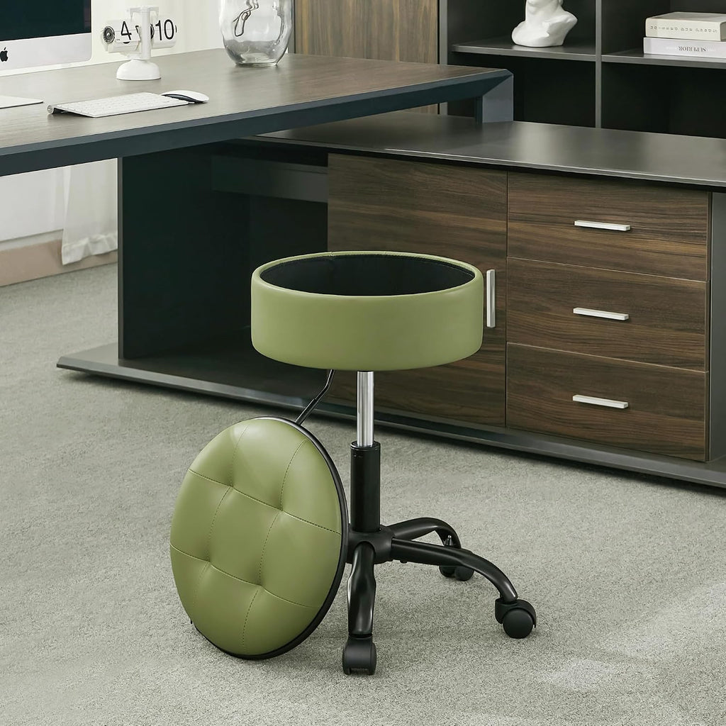 FIRAVOE Rolling Stools with Wheels (Chair & Small Table in One) (Adjustable Height Barber Chair 20.67"-24.61"), Green Ergonomic Stool with Storage