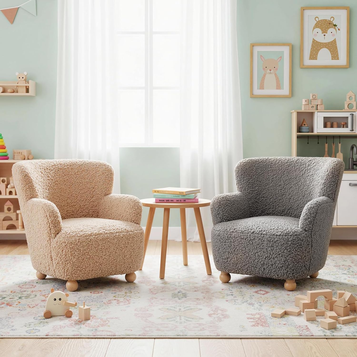 KOTEK Comfy Toddler Chair, Sherpa Kids Armchair with Rubber Wood Legs, Children Reading Chair for Boys & Girls, Upholstered Kids Sofa for Playroom Bedroom Nursery (Grey)