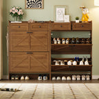 BORNOON Shoe Storage Cabinet for Entryway, Farmhouse Narrow Shoe Cabinet with 2 Flip Drawers & Top Drawers, Adjustable Shelves & Hooks, Freestanding Hidden Rack Organizer for Hallway, Foyer