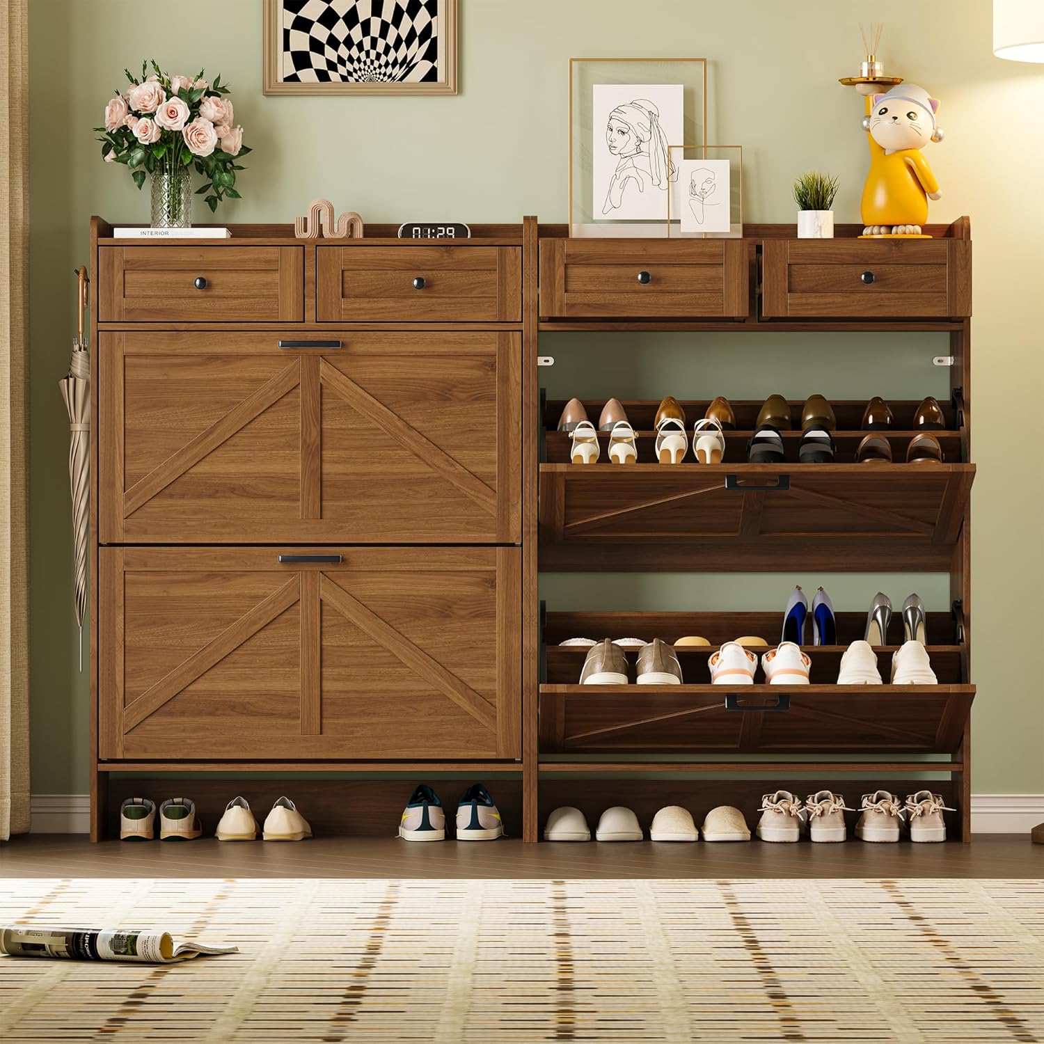 BORNOON Shoe Storage Cabinet for Entryway, Farmhouse Narrow Shoe Cabinet with 2 Flip Drawers & Top Drawers, Adjustable Shelves & Hooks, Freestanding Hidden Rack Organizer for Hallway, Foyer