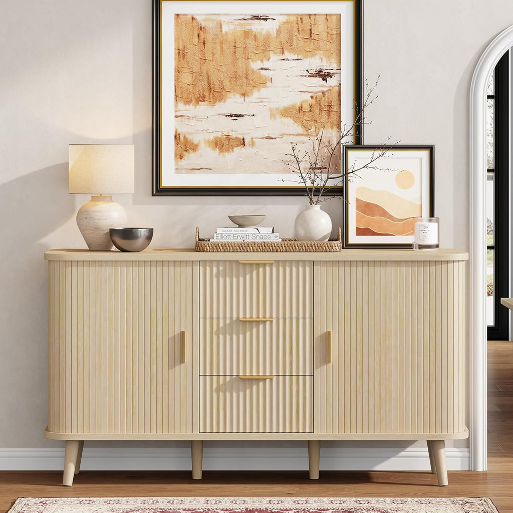 Lulive Natrual Buffet Cabinet, 55" Wide Sideboard Buffet Storage Cabinet with Rolling & Sliding Doors, Modern Bar Cabinet for Kitchen & Dining Room
