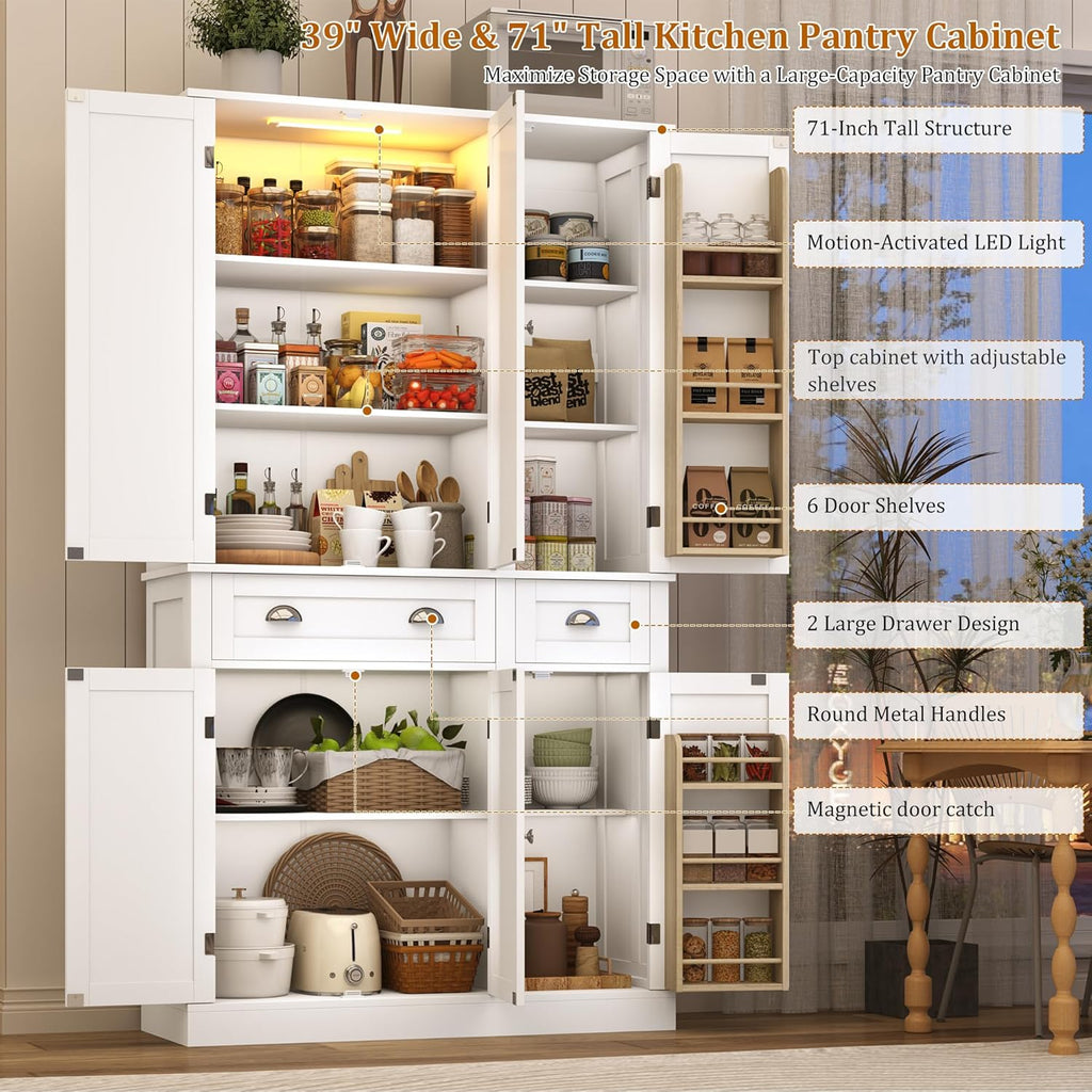 71"H Tall Kitchen Pantry Cabinet,39"W Large Freestanding Kitchen Hutch Wood Stoarge Floor Cabinet w/6 Door Shelves,2 Large Drawer,Adjustable Shelves,Modern Food Pantry for Kitchen,Dining Room,White