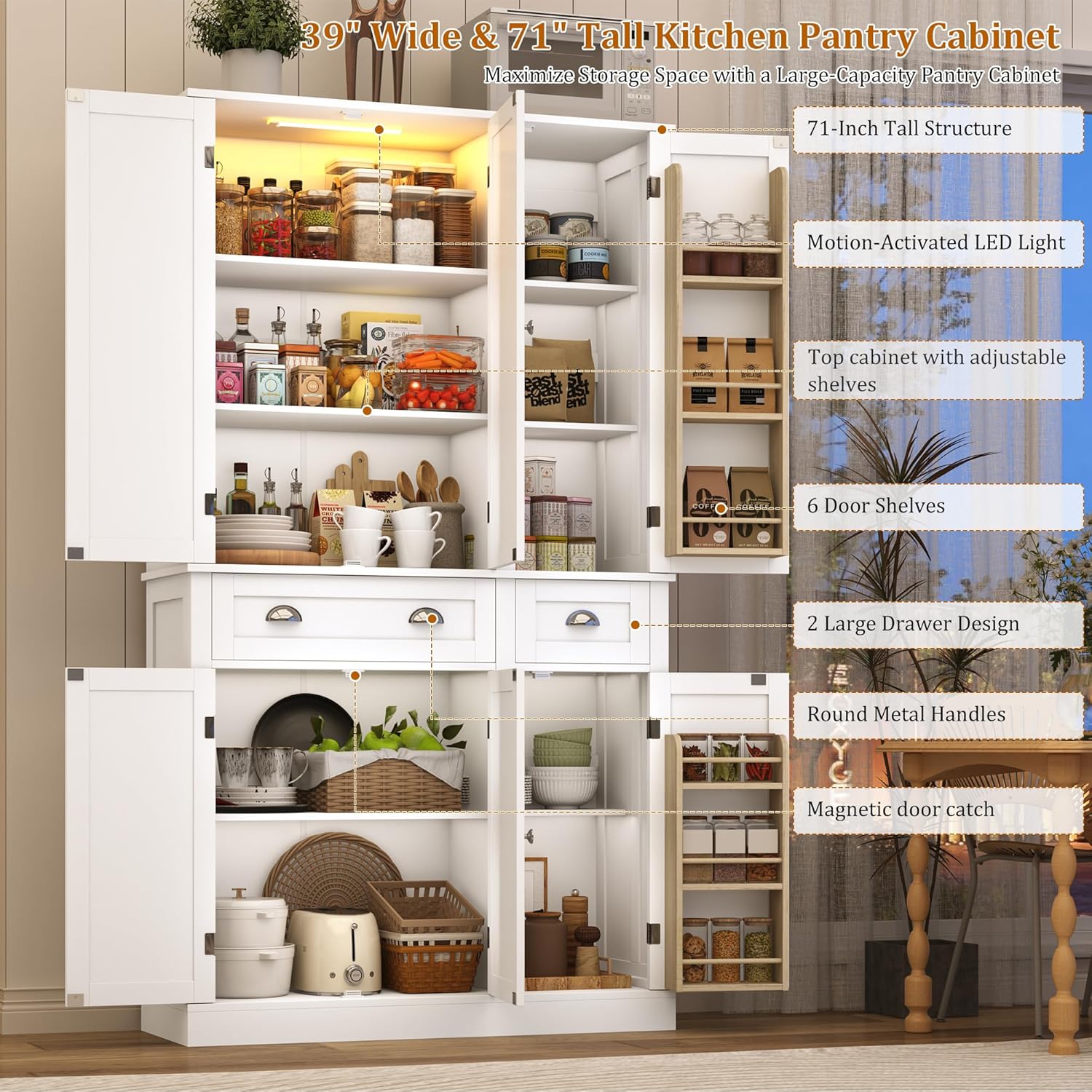 71"H Tall Kitchen Pantry Cabinet,39"W Large Freestanding Kitchen Hutch Wood Stoarge Floor Cabinet w/6 Door Shelves,2 Large Drawer,Adjustable Shelves,Modern Food Pantry for Kitchen,Dining Room,White