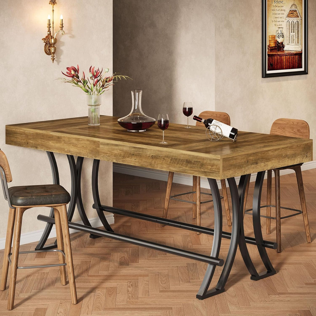 Tribesigns 63" Counter Height Bar Table with Metal Footrest, Rectangular Tall Kitchen Dining Pub Table, Industrial Home Bar Unit for Entertaining, Freestanding, Dark Brown