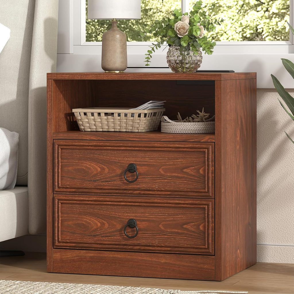 VVFLU Farmhouse Nightstand with Charging Station, 21.7" Wide End Table with 2 Drawers & Open Compartment, Cherry Wood Side Table, Bedside Table for Bedroom, Living Room, Sofa