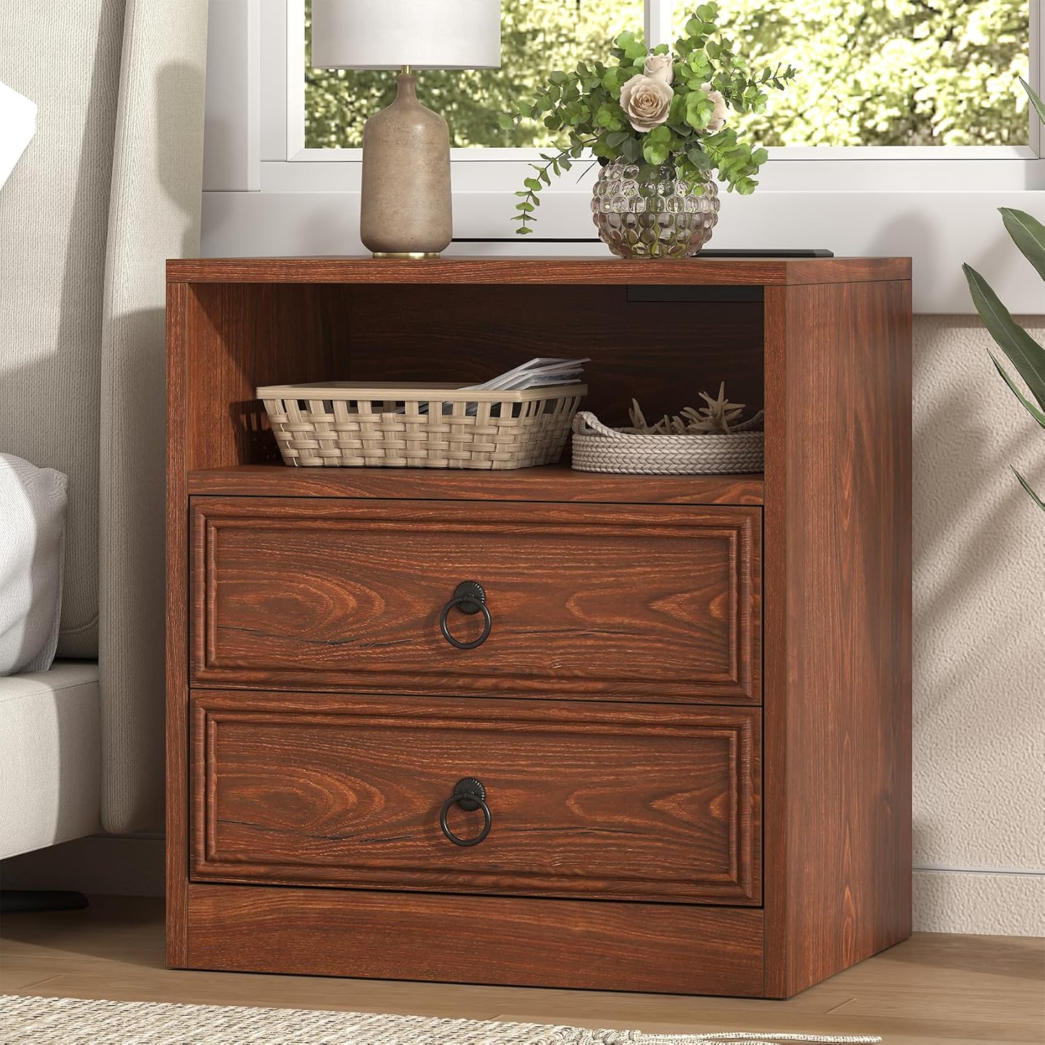 VVFLU Farmhouse Nightstand with Charging Station, 21.7" Wide End Table with 2 Drawers & Open Compartment, Cherry Wood Side Table, Bedside Table for Bedroom, Living Room, Sofa
