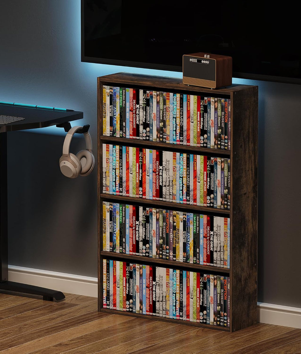 4 Tier DVD Storage Shelf, Media Storage Tower for CDs & Video Games, Freestanding Organizer Shelf for Living Room Home Office, Holds 160+ DVDs(Amber Pine)