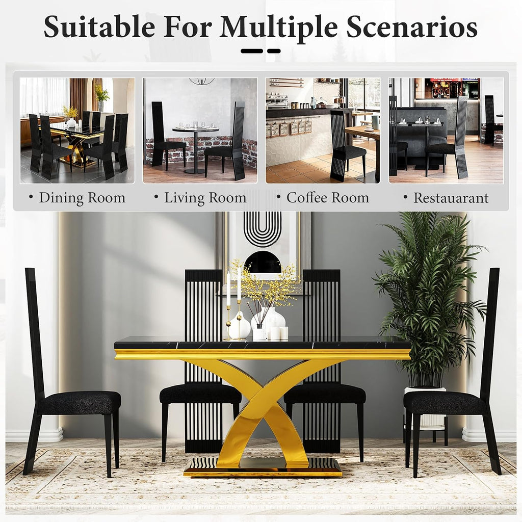 Modern Black Dining Chairs Set of 2, Upholstered High Back Dining Chairs with Stainless Steel Backrest and Legs, Luxury Dining Room Chairs for Kitchen Living Room Restaurant