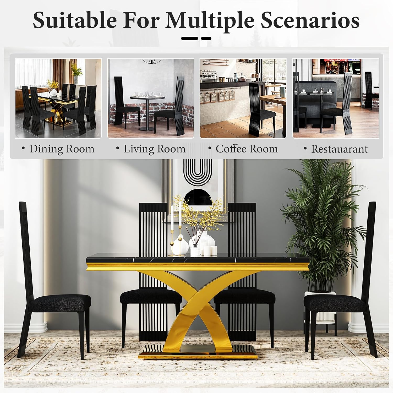 Modern Black Dining Chairs Set of 4, Upholstered High Back Dining Chairs with Stainless Steel Backrest and Legs, Luxury Dining Room Chairs for Kitchen Living Room Restaurant