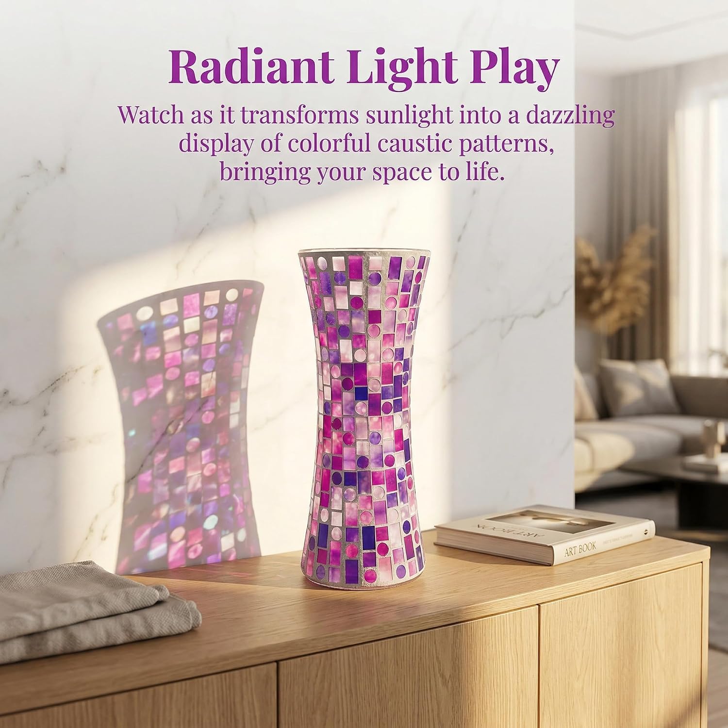 11.6" H Purple Red Mosaic Vase, Exquisite Handmade Craftsmanship Tall Glass Vase, Modern Hourglass Art Centerpiece with Dreamy Geometric Pattern for Home & Office Decor, Unique Gift