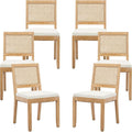 French Country Dining Chairs Set of 6, Beige Modern Kitchen & Dining Room Chairs, Rattan Dining Chair with Linen Upholstered Cushion, Low Cane Back, Wood Legs, Sillas de Comedor (Beige, 6 Pcs)