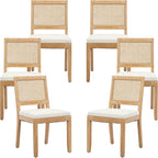 French Country Dining Chairs Set of 6, Beige Modern Kitchen & Dining Room Chairs, Rattan Dining Chair with Linen Upholstered Cushion, Low Cane Back, Wood Legs, Sillas de Comedor (Beige, 6 Pcs)