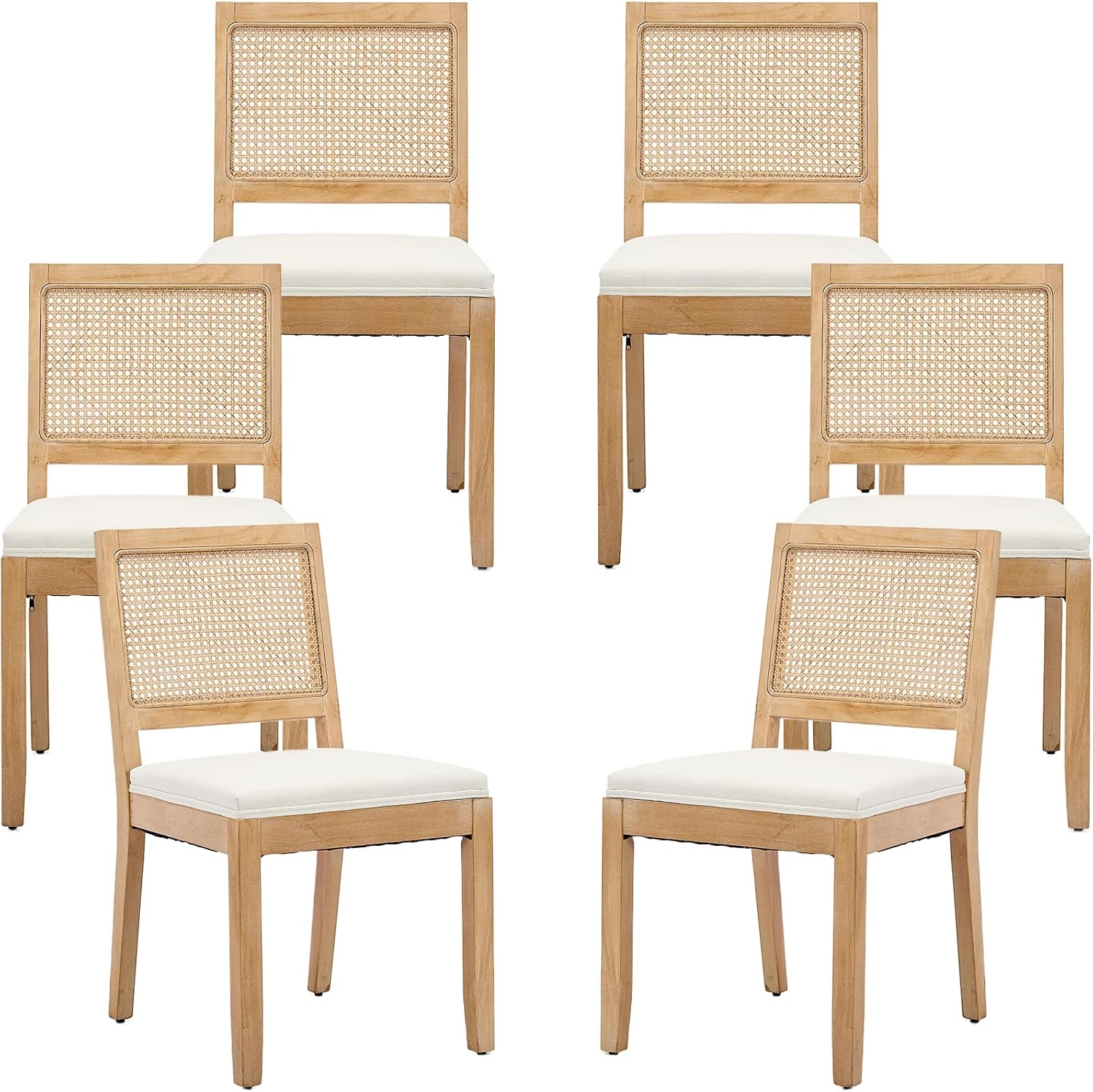 French Country Dining Chairs Set of 6, Beige Modern Kitchen & Dining Room Chairs, Rattan Dining Chair with Linen Upholstered Cushion, Low Cane Back, Wood Legs, Sillas de Comedor (Beige, 6 Pcs)