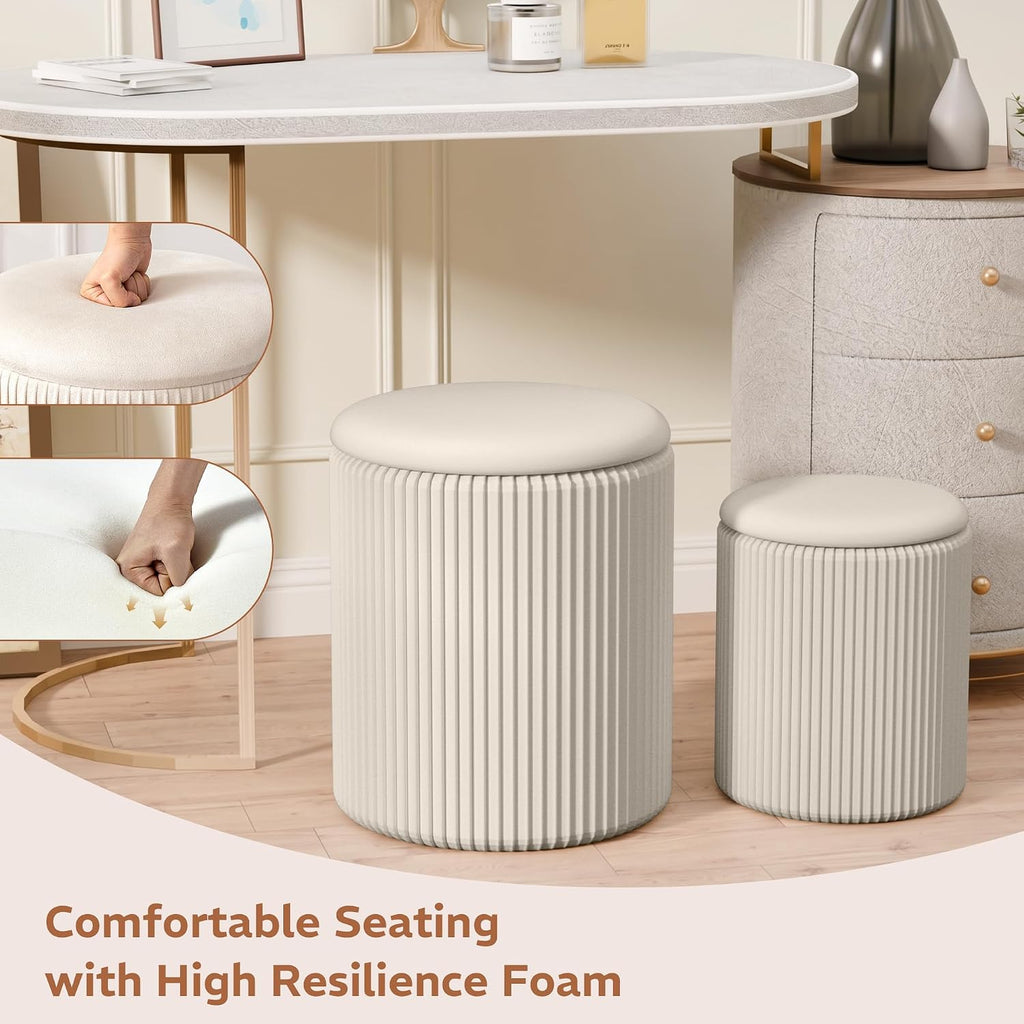 Round Ottoman with Storage Set of 2, Breathable Cotton & 300LBS Engineered Wood Frame, Nesting Side Table with Blanket Storage, No Assembly Cozy Vanity Stools for Living Room, Beige