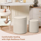 Round Ottoman with Storage Set of 2, Breathable Cotton & 300LBS Engineered Wood Frame, Nesting Side Table with Blanket Storage, No Assembly Cozy Vanity Stools for Living Room, Beige