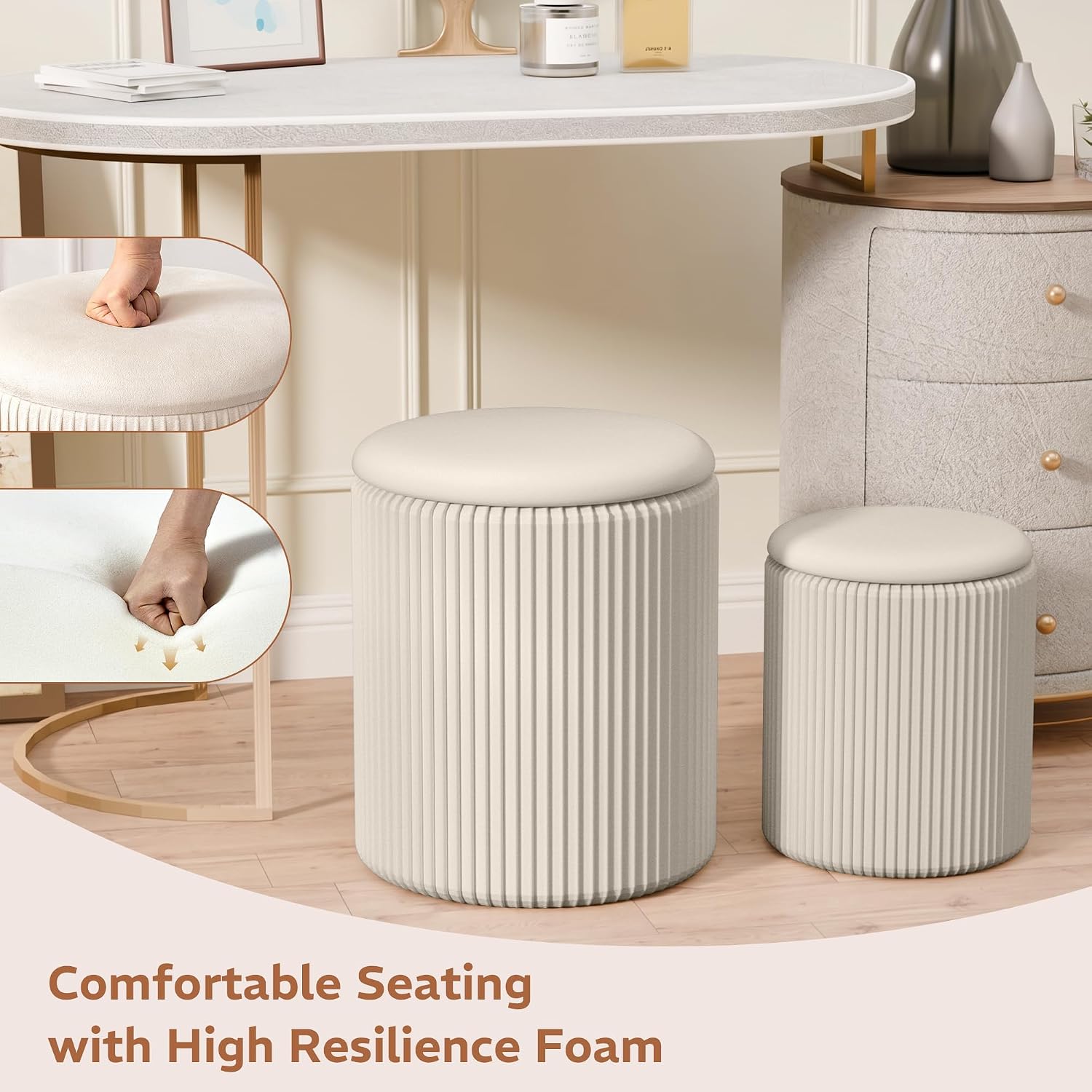 Round Ottoman with Storage Set of 2, Breathable Cotton & 300LBS Engineered Wood Frame, Nesting Side Table with Blanket Storage, No Assembly Cozy Vanity Stools for Living Room, Beige
