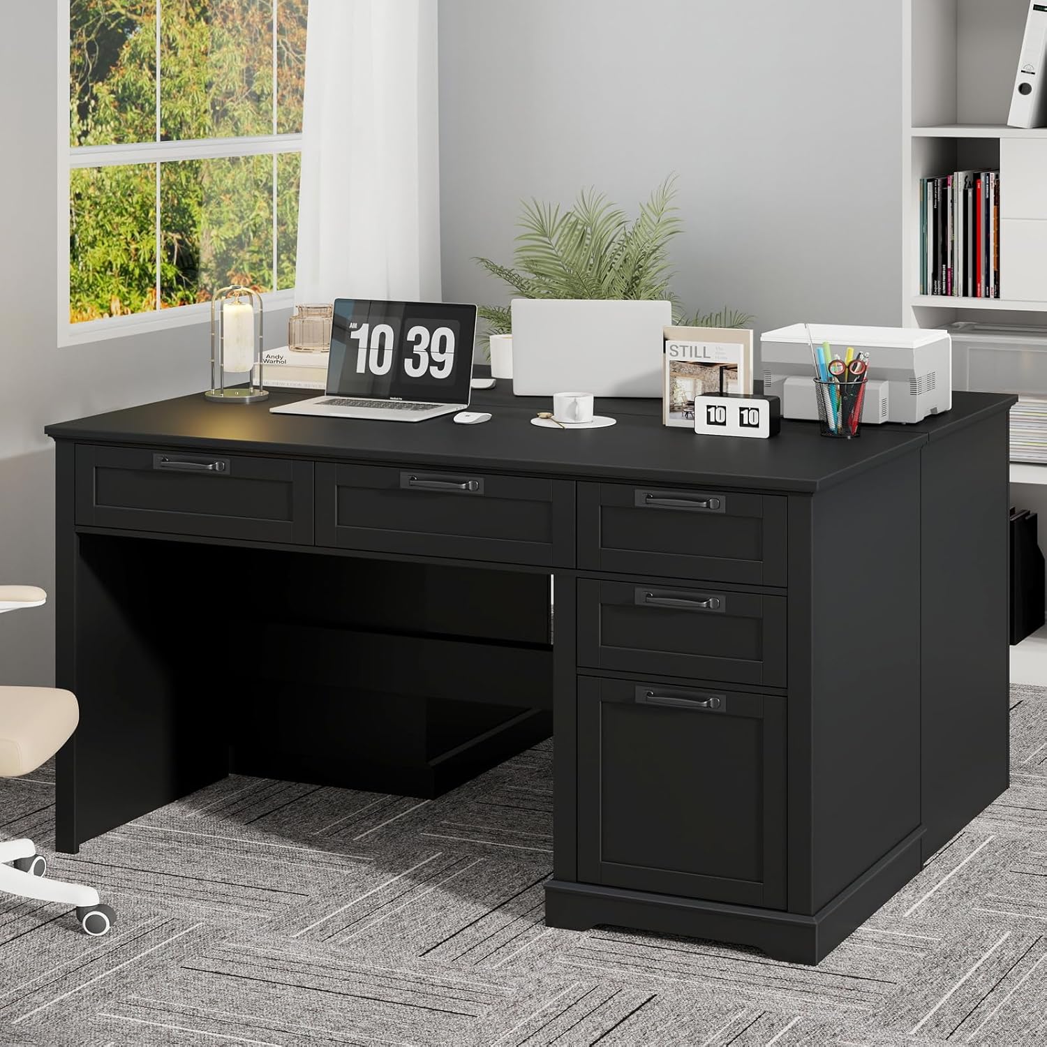 Vabches 55" Farmhouse Home Office Desk with File Drawer, Executive Computer Desk with 4 Storage Drawers, Rustic Computer Desk for Working, Studying, Writing（Pure Black