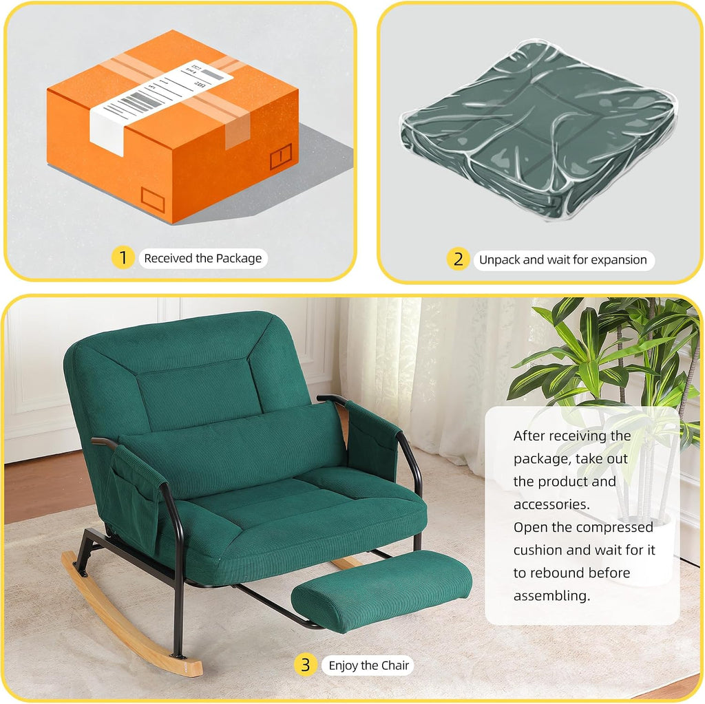 Oversized Reclining Rocking Chair with Foot Rest, 110°–160° Adjustable Backrest, Upholstered Armchair with Side Pocket for Nursery and Living Room, Green