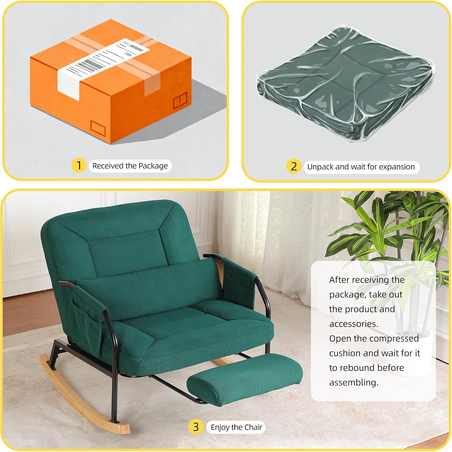 Oversized Reclining Rocking Chair with Foot Rest, 110°–160° Adjustable Backrest, Upholstered Armchair with Side Pocket for Nursery and Living Room, Green