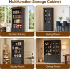 Vyre 71" Tall Farmhouse Bookshelves with Glass Doors and Drawers, Large Modular Bookcase with Adjustable Shelves, Wooden Storage Cabinet for Living Room, Kitchen, Black, Set of 4