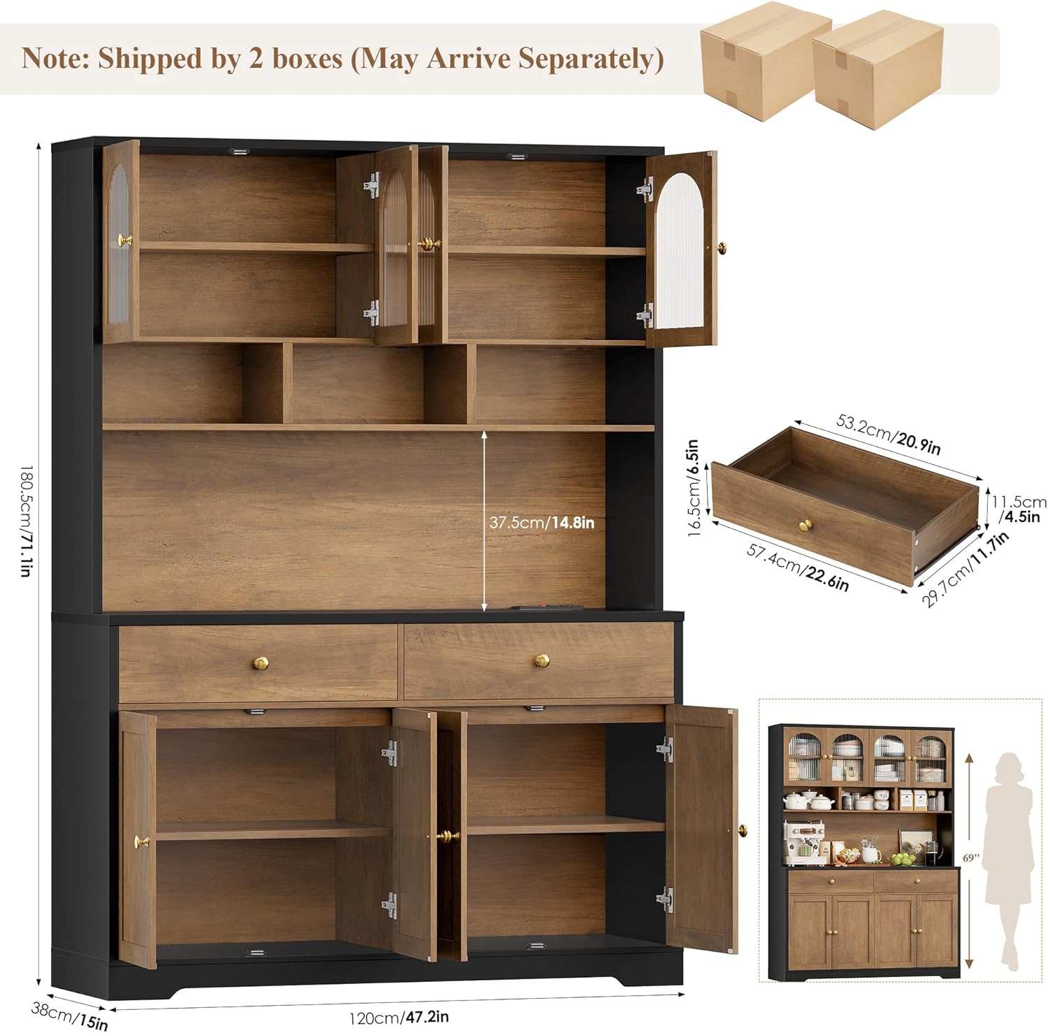 FINETONES 71" Pantry Cabinet, Tall Kitchen Pantry Storage Cabinet with Charging Station, 47.2" Wide Kitchen Hutch Food Storage Cabinets with Open Countertop for Dining Room, Black/Brown