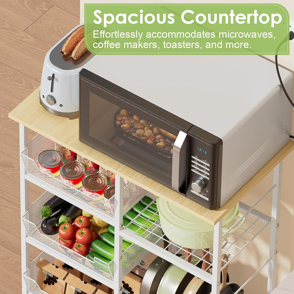 Rolling Kitchen Storage Microwave Cart & Kitchen Island on Wheels, Adjustable Shelf, Lockable Wheels, 27.75" L × 15.35" W, Bakers Rack Microwave Stand with Tilt-Out Baskets, Kitchen, Coffee Bar, White